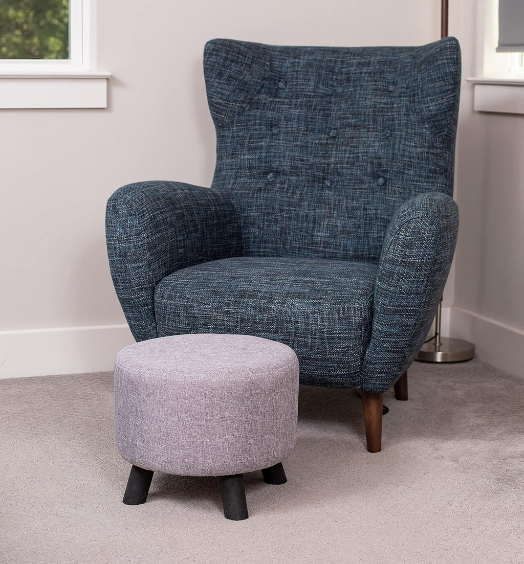 Grey Round Linen Padded Wood‑Leg Foot Stool