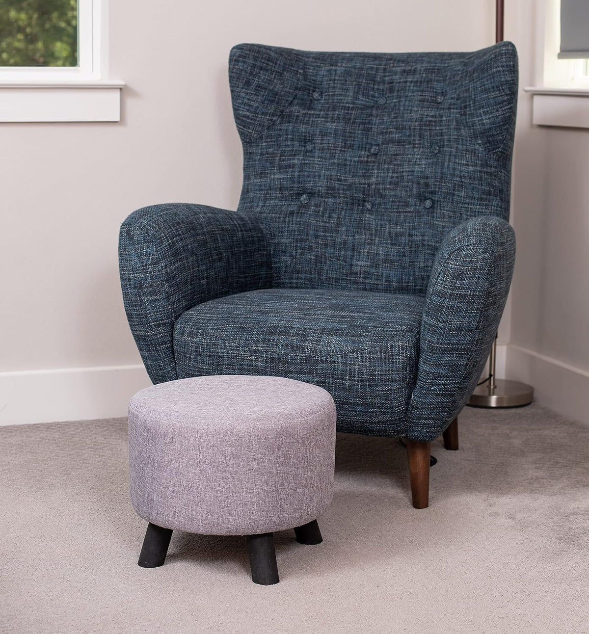 Grey Round Linen Padded Wood‑Leg Foot Stool