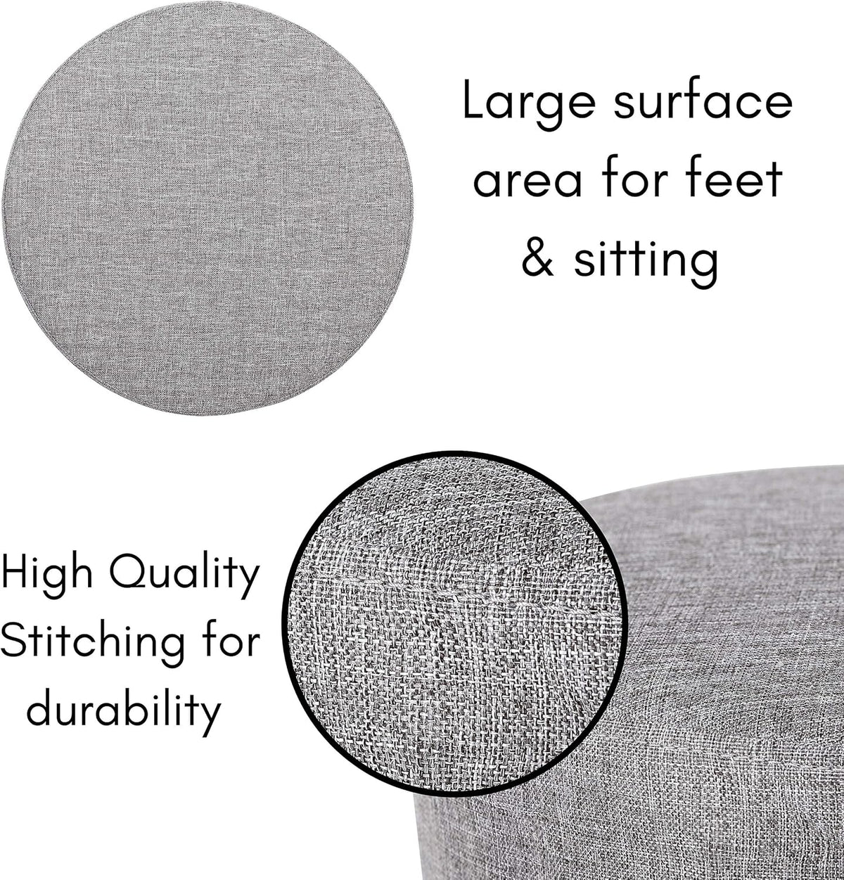 Grey Round Linen Padded Wood‑Leg Foot Stool