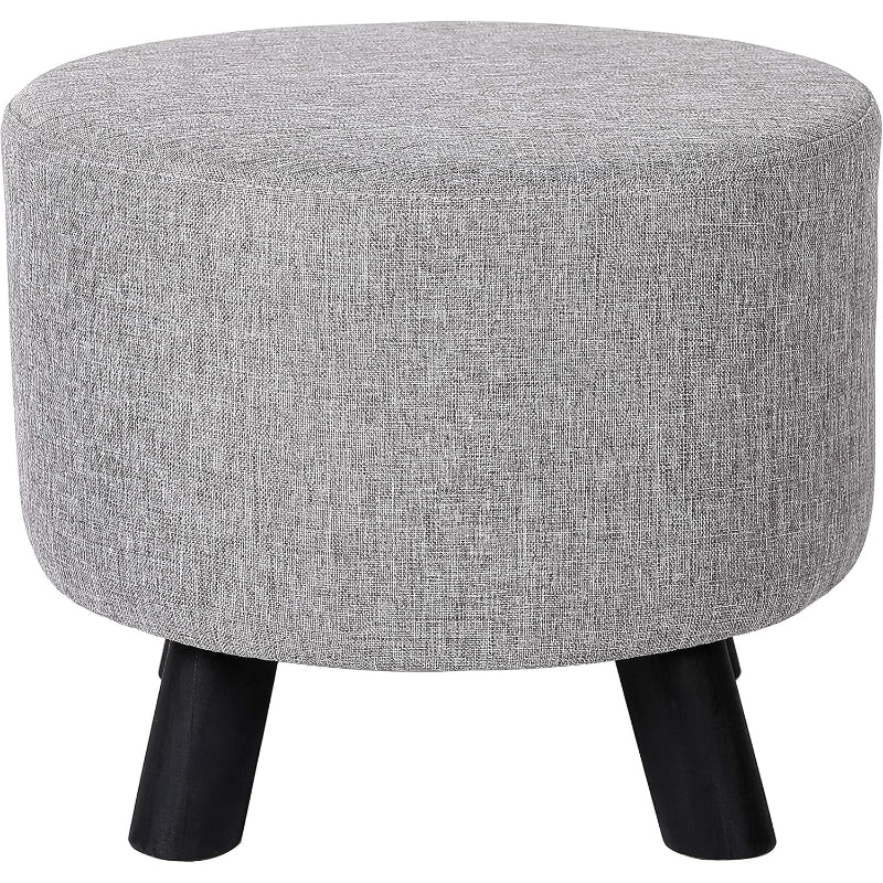 Grey Round Linen Padded Wood‑Leg Foot Stool