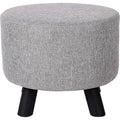 Grey Round Linen Padded Wood‑Leg Foot Stool